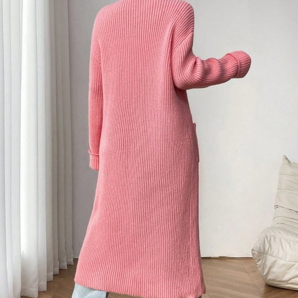 Dusty Pink Casual Womens Dual Pocket Drop Shoulder Open Front Cardigan - Picture 2 of 5